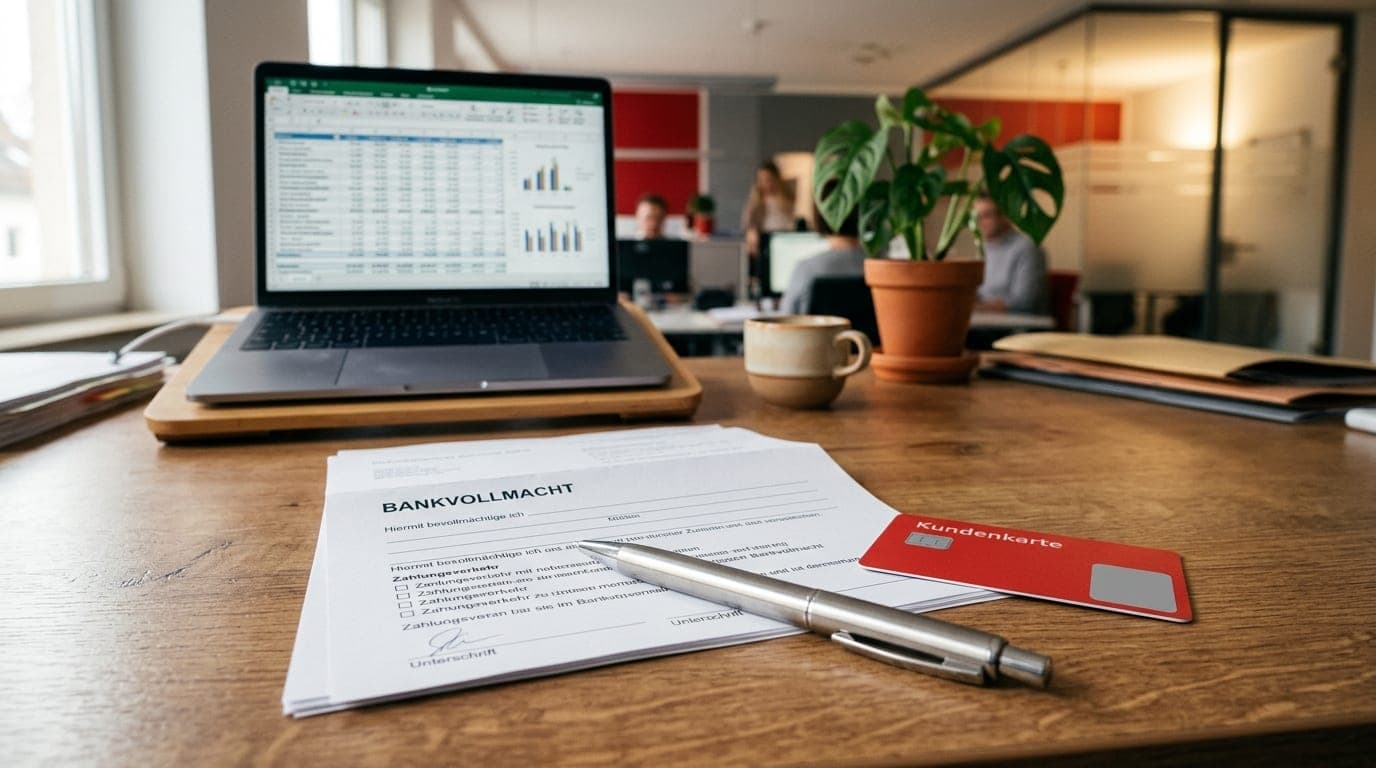 Bankvollmacht-Formular der Sparkasse auf einem Schreibtisch mit Stift und roter EC-Karte