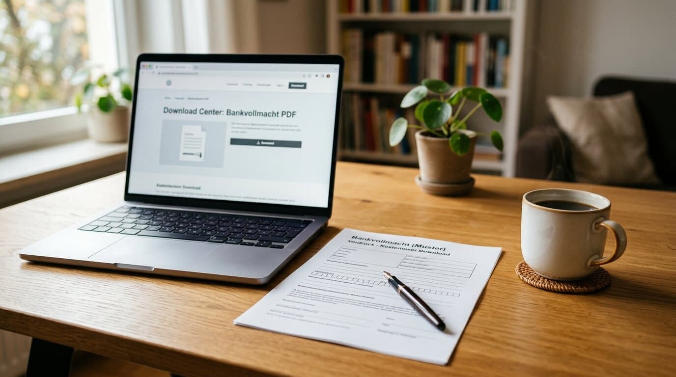 Laptop mit PDF-Download-Seite, ausgedrucktes Bankvollmacht-Formular, Füller und Kaffeetasse auf einem Holzschreibtisch