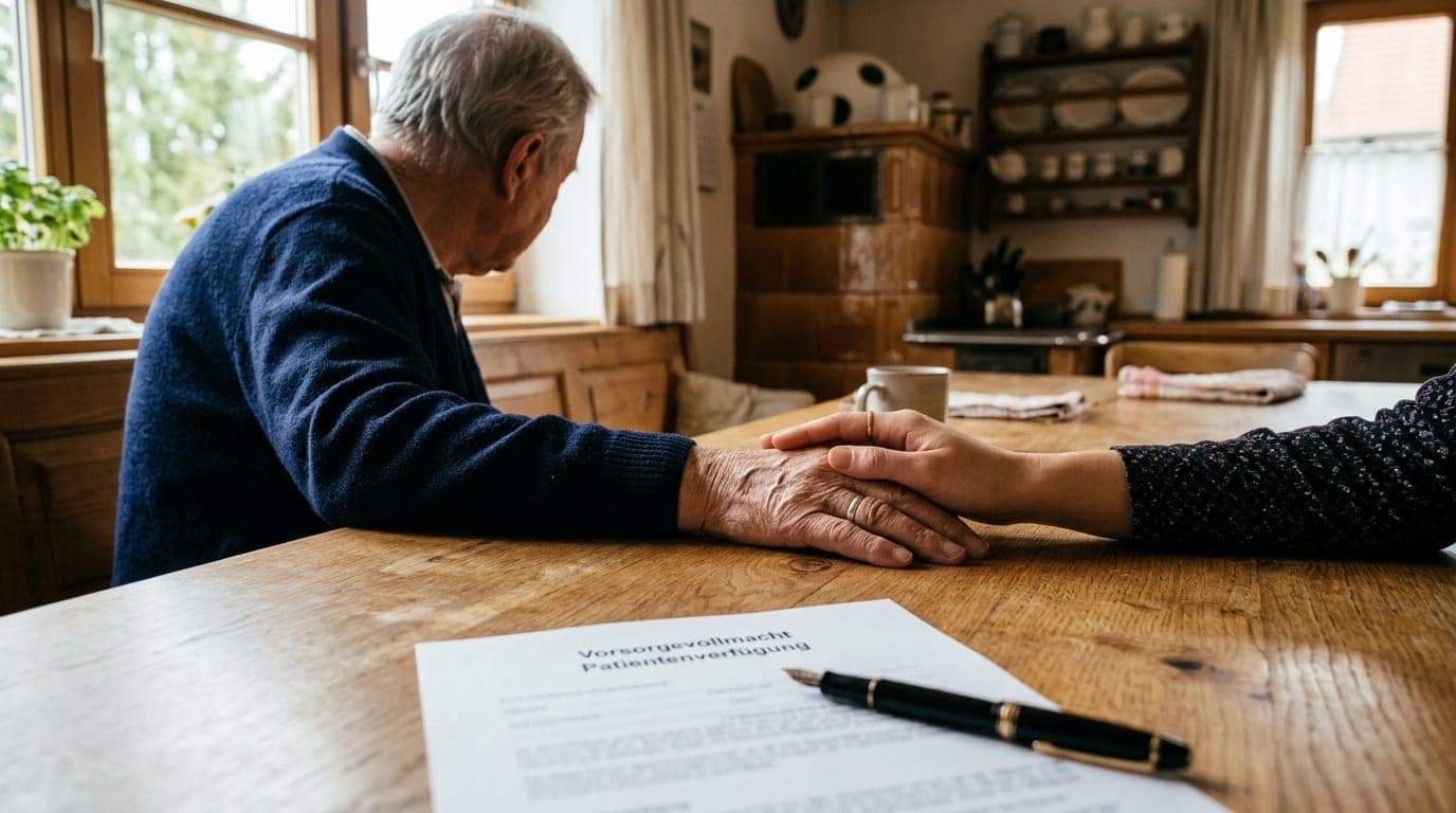 Ältere Person unterschreibt Dokument, daneben jüngere Hand hält fürsorglich mit
