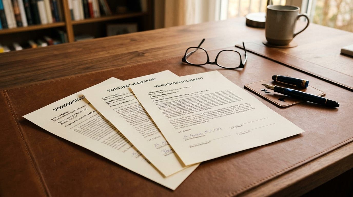 Drei ausgedruckte Vorsorgevollmacht-Dokumente auf einem Holzschreibtisch mit Füllfederhalter und Lesebrille