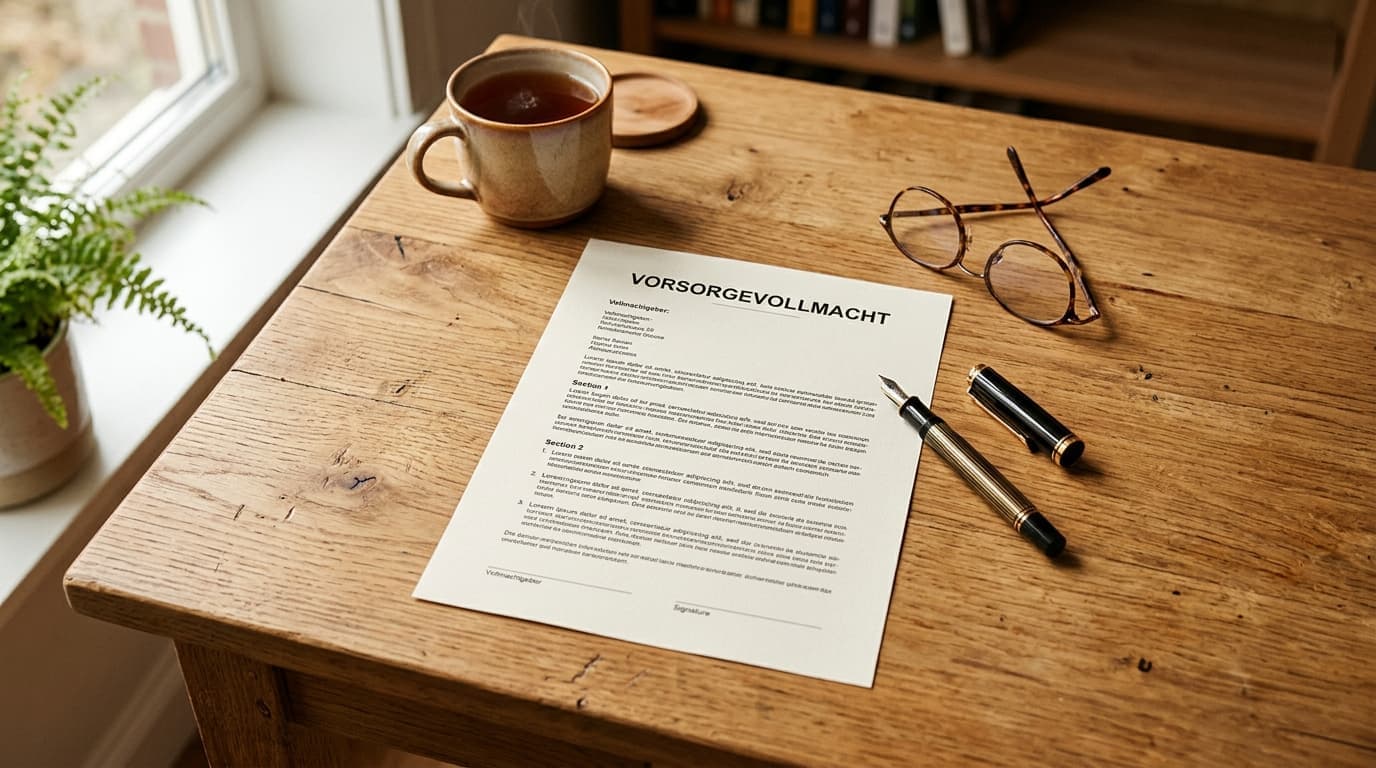 Vorsorgevollmacht PDF auf dem Drucker ausgedruckt, daneben ein Stift